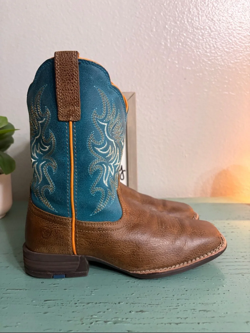 Kids Teal & Brown Western Cowboy Boots - Timberland Style